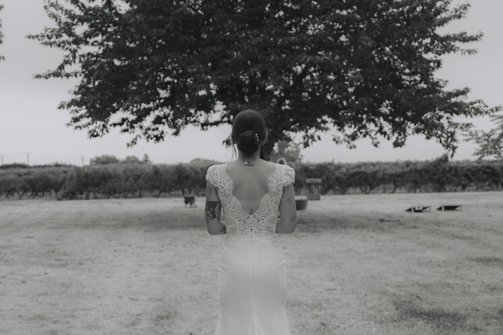 La mariée de dos sous un grand arbre, en noir et blanc